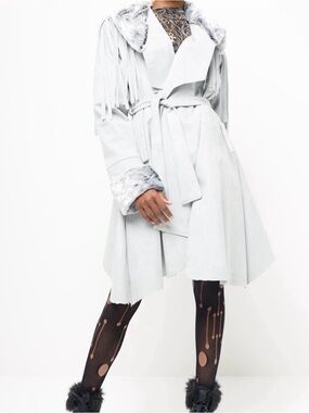 Light blue Faux Fur Trim Suede Trench Coat with Fringe